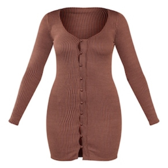 Prettylittlething Chocolate Two Tone Rib Button Down Bodycon Dress Size 10 NWT - Picture 3 of 7